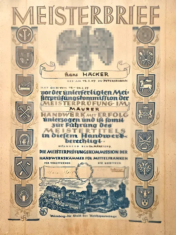 Meisterbrief Hans Hacker von 1937