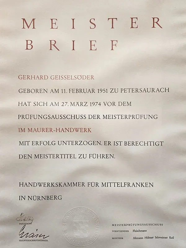 Meisterbrief Gerhard Geißelsöder von 1974