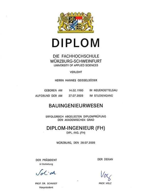 Diplom zum Diplom-Ingenieur (FH) im Bauingenieurwesen Hannes Geißelsöder
