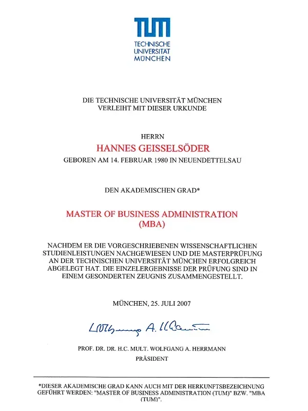 Diplom zum Master of Business Administration Hannes Geißelsöder